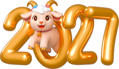 Chinese new year 2027. Year of the goat sign with cute cartoon Goat and gold 2027 number. 3d render transparent png isolated illustration