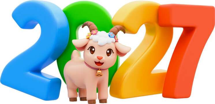Chinese new year 2027. Year of the goat sign with cute cartoon Goat and multicolored 2027 number. 3d render transparent png isolated illustration