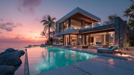 Fototapeta premium Modern luxury villa exterior featuring an infinity pool overlooking the ocean at sunset with warm ambient lighting and palm trees