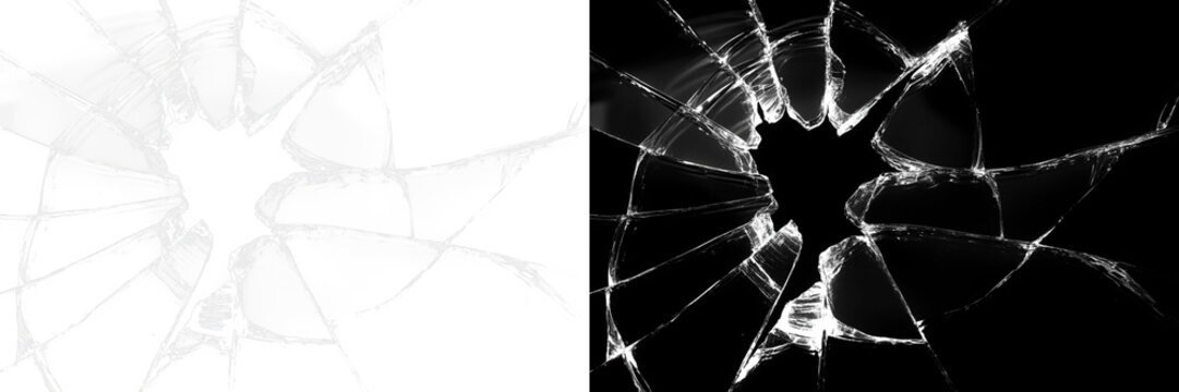 Realistic shattered glass hole with radial cracks and sharp fragments isolated effect for screen or window damage white and grey transparent png overlay for design impact texture element broken crack