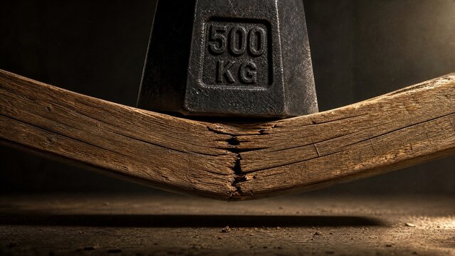 A wooden plank bent under weight, showing stress lines and texture.