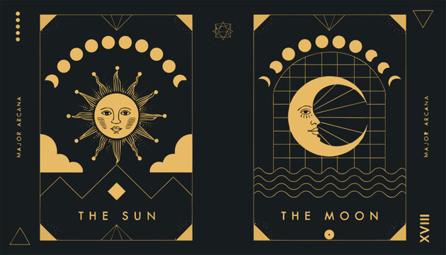 Mystical Sun and Moon Tarot Illustration in Gold Line Art.eps