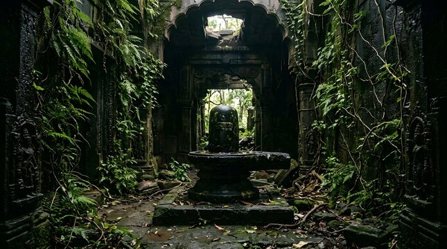 Shiva Ancient Lingam with Shiva Divine Form in sacred temple, made by Ai