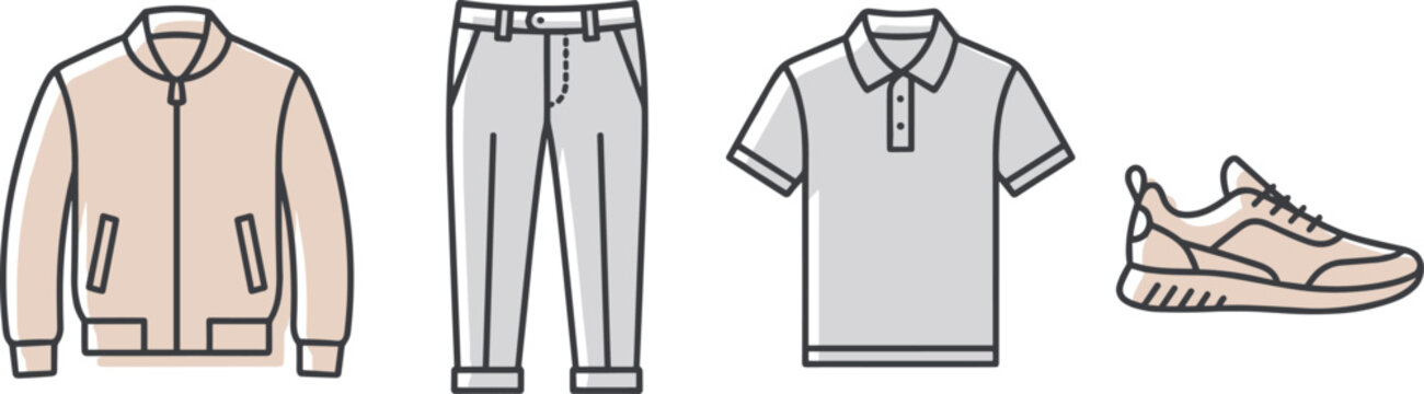 Men smart casual wardrobe vector icons collection set featuring minimalist bomber jacket tailored trousers collared polo shirt and athletic running sneakers illustration