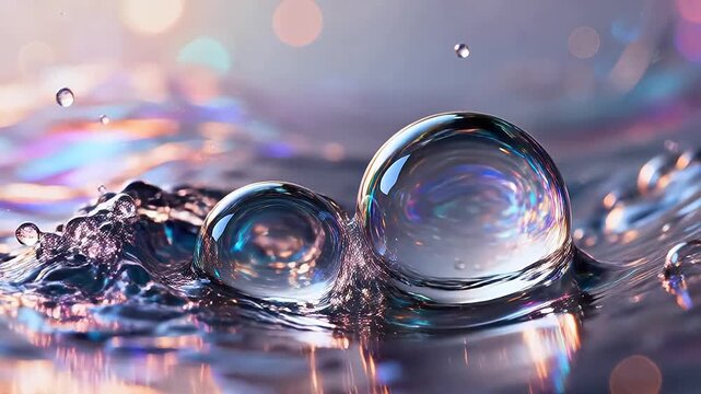 Water drop collision with splashing droplets and colorful bokeh background
