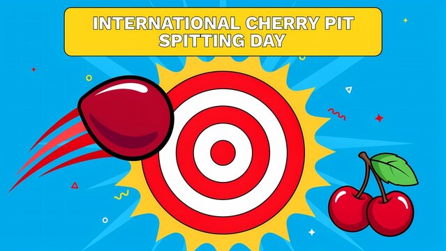 International cherry pit spitting day celebration banner with target and cherry illustration
