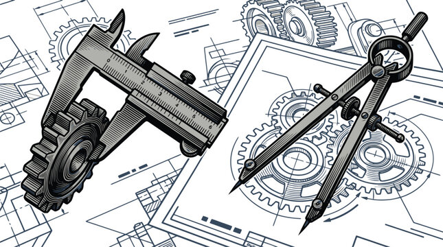 Engineering blueprint vector with mechanical gears and drafting tools.