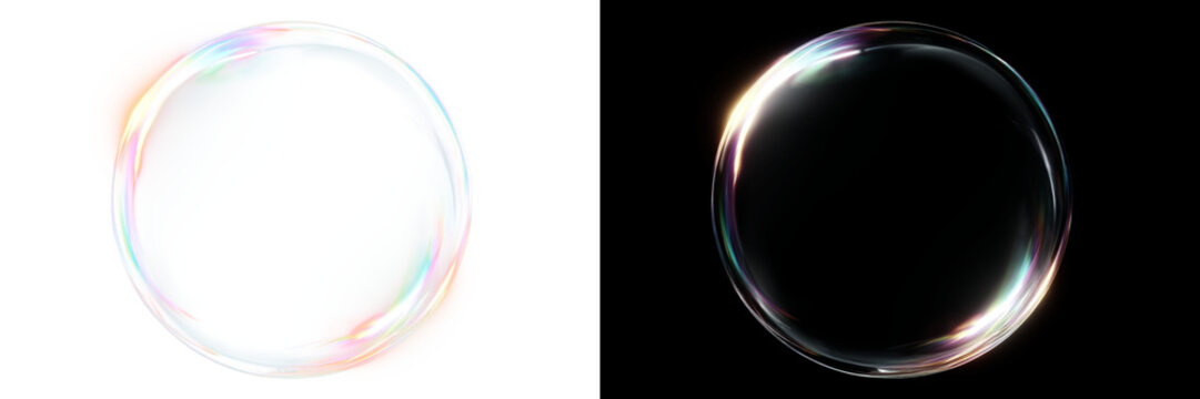 Transparent PNG of two iridescent soap bubbles with light reflections and subtle rainbow colors isolated on transparent background for creative overlays and design elements bubble ball water air soft