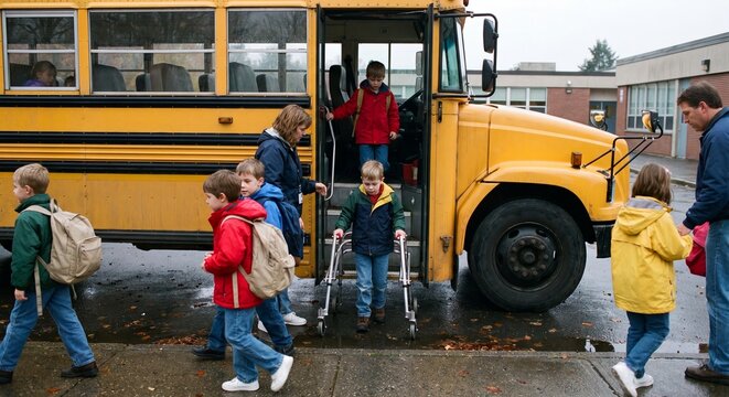 Young student using a posterior walking frame stepping down from a yellow school bus.