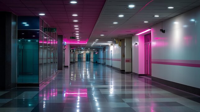 Long empty corridor with neon pink lights and reflective floor