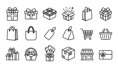 Fototapeta premium Gift Box Outline Icons Set Minimal Present Package and Shopping Bag Vector Collection