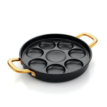 Black nonstick poffertjes pan with golden handles ready for making mini pancakes or desserts