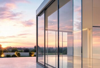 Fototapeta premium Contemporary glass building reflecting warm sunset light against a vibrant sky, showcasing modern architecture, geometric design, urban elegance, symmetry, and atmosphere
