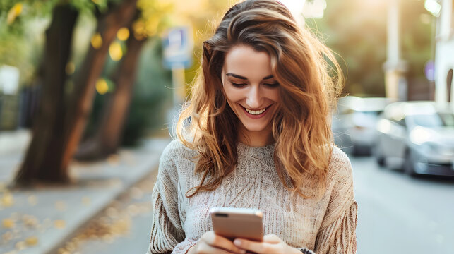 Smiling woman using smartphone outdoors, casual lifestyle and modern communication concept in urban environment.