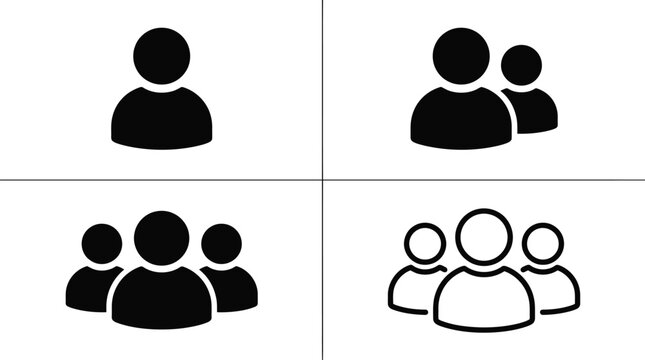 Minimalist black vector illustration showing human user profile icons arranged in a clean grid layout
