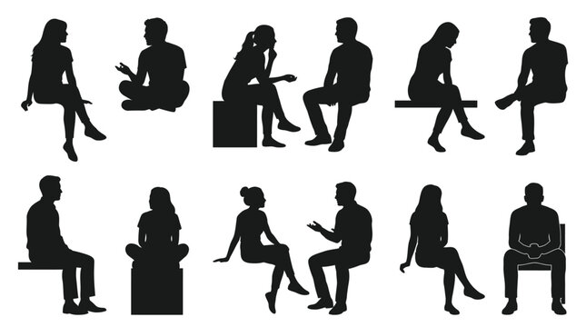 Detailed black vector illustration set featuring various people sitting in different poses for design projects