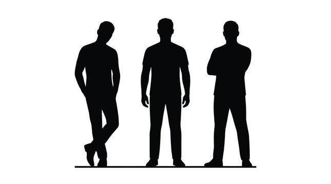 Three standing men depicted as a minimalist black vector illustration for professional business graphic design projects
