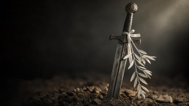 Heavy sword plunged into earth with a white olive branch tied to its hilt.