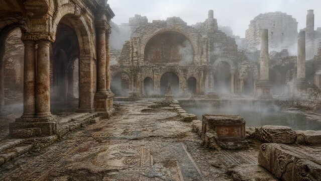 Ancient Roman bathhouse ruins with broken mosaics in fog.