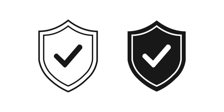 Security shield check icon set in outline and silhouette style, protection verified safety approval and cybersecurity concept, vector illustration