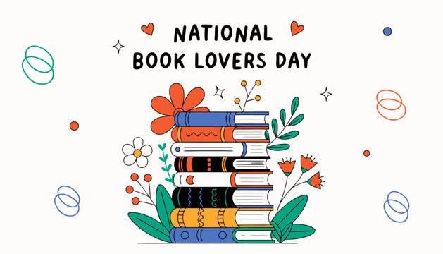 National Book Lovers Day, book stack, floral illustration, colorful icons, vector graphics