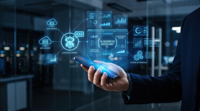 Business assistant tools used by a man in a suit holding a smartphone in a modern office setting