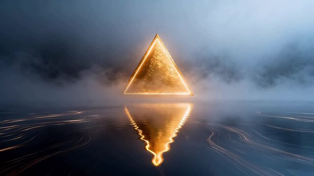 Glowing golden triangle hovering over water with reflection and fog