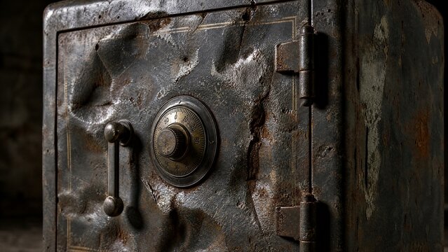 Close-up of dented and rusted safe with locked mechanism.