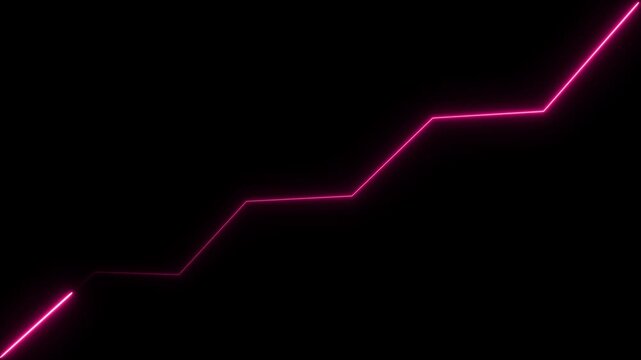 Glowing pink neon line graph moving upwards in a zigzag pattern against a solid black background representing growth and financial data trends