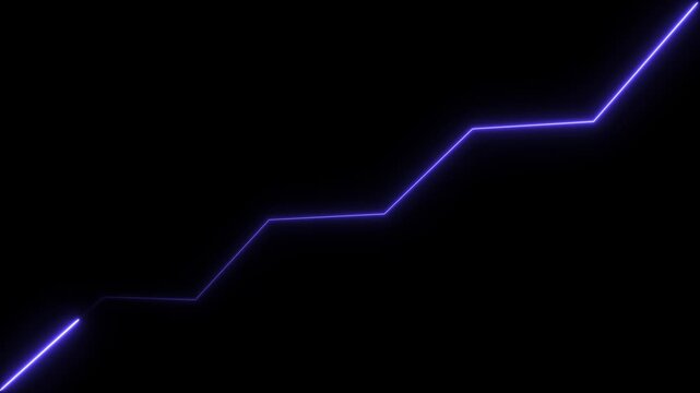 Glowing purple neon line graph moving upwards in a zigzag pattern against a solid black background representing growth and financial data trends