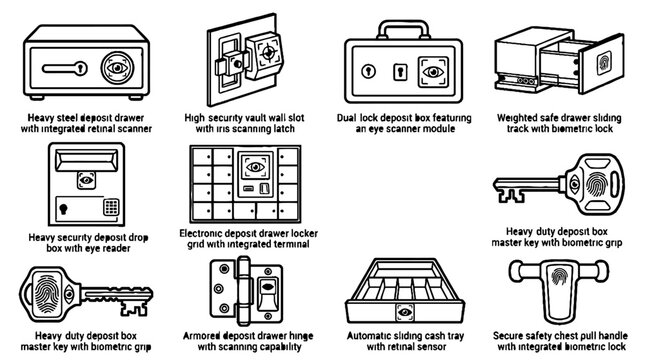 Collection of high security vault and safe deposit box icons with biometric scanners and digital locks.