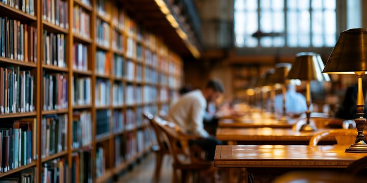 Blurred students studying at long wooden tables with desk lamps in a classic library hall lined with bookshelves, concept for education, academic research and study environment