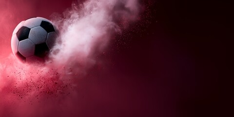 Fototapeta premium Dynamic black and white soccer ball bursting through vibrant red dust cloud against a dark dramatic maroon background, concept for sports advertising, event promotion and athletic branding