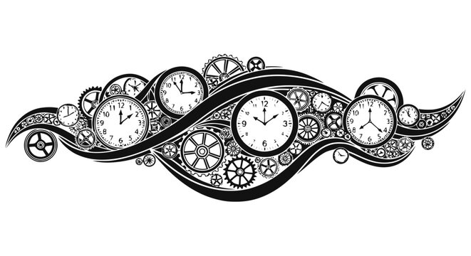 Vector illustration of steampunk clockwork mechanism with gears and vintage clocks on a transparent background