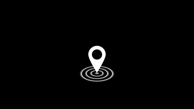 A white map location pin marker with a circular ripple effect isolated on a black background for navigation and geographic data visualization