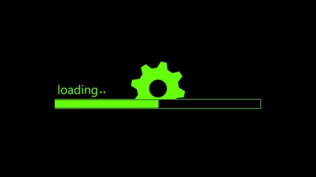 Bright green loading bar with a gear on a solid black background representing software installation or data processing progress status