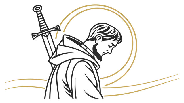 Saint bartholomew day concept with haloed saint, sword and religious faith symbol on minimalist background