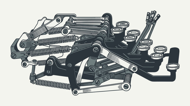Vintage Printing Press Mechanism Vector Illustration with Rollers and Gears.