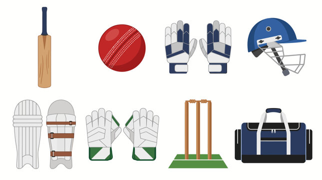 A comprehensive collection of essential cricket equipment including bat, ball, helmet, gloves, pads, stumps, and kit bag.