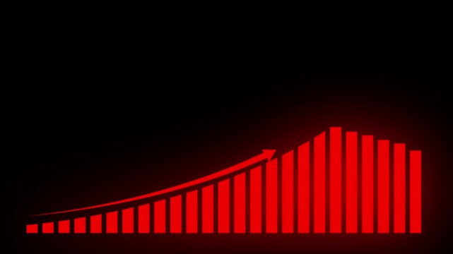 Glowing red bar chart showing upward growth with an arrow indicating positive financial trends or statistical data analysis on black background