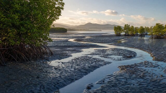 Mangrove estuary at low tide with mudflats and water channels.