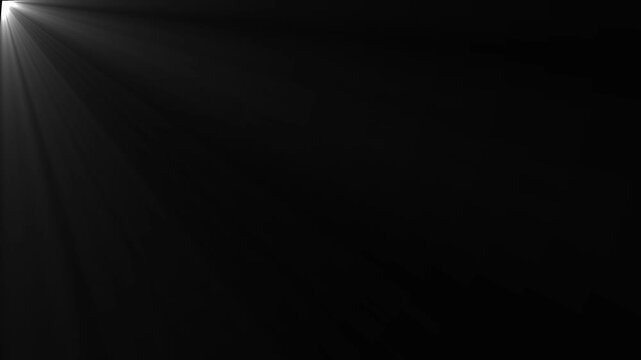 Bright white lens flare emanating from the left corner creating soft light rays across a solid black background for cinematic lighting effects