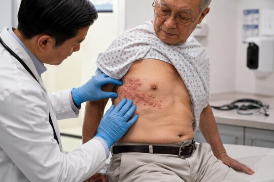 Doctor Examining Herpes Zoster Shingles Rash on Torso of Elderly Male Patient Wearing Hospital Gown in Clinical Exam Room