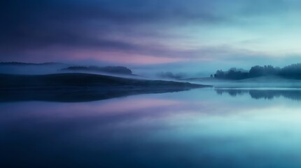 Fototapeta premium Serene misty landscape over a calm lake at twilight
