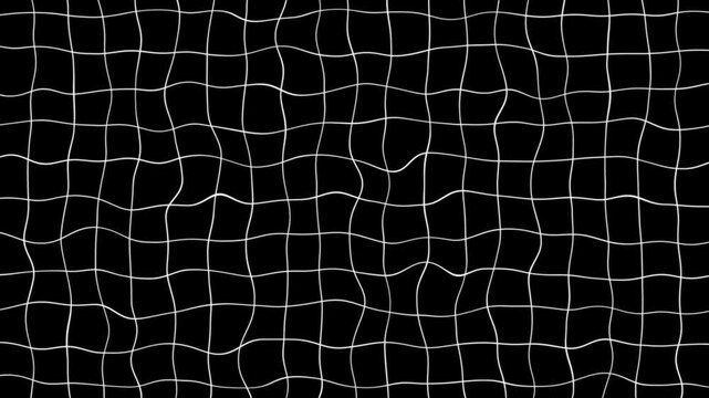 Abstract background featuring a grid of white wavy lines forming a distorted mesh pattern against a solid black background for a dynamic visual effect