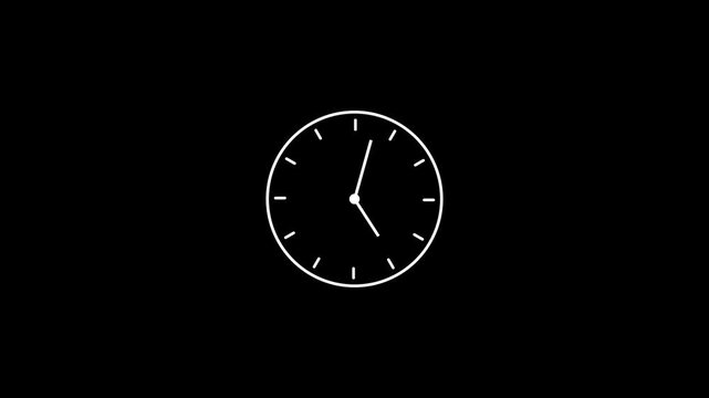 Minimalist white clock with thin hands and circular frame isolated on a solid black background for time management and scheduling concepts