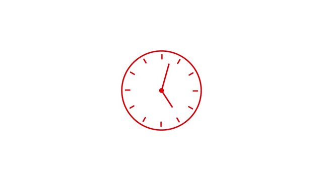 Minimalist red clock with thin hands and circular frame isolated on a solid white background for time management and scheduling concepts