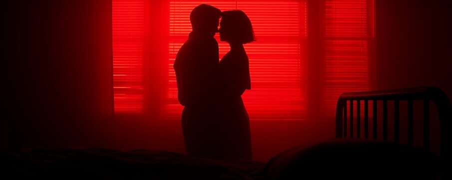 Silhouettes of a couple embracing in a dark room, illuminated by strong red light through window blinds, concept for romance, passion and intimate drama