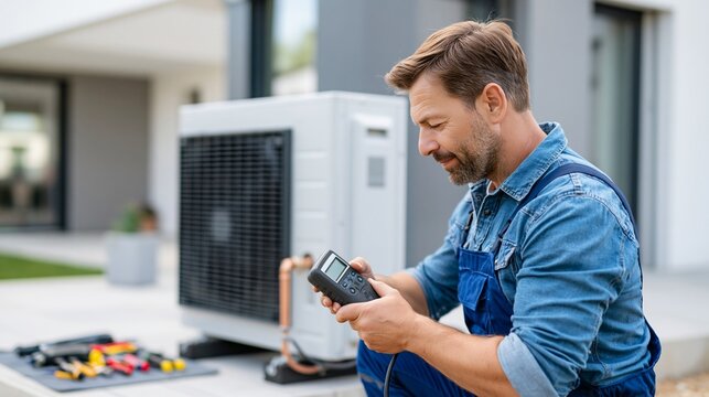 Technician inspecting outdoor air conditioning unit