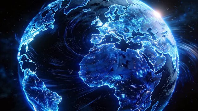 Digital earth globe with blue glowing continents and data connection lines in dark space